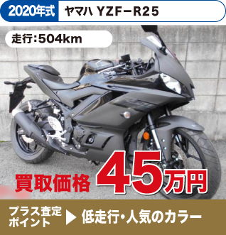2020年式 ヤマハ YZF－R25 走行距離：504km 買取価格：45万円 プラス査定ポイント：低走行・人気のカラー